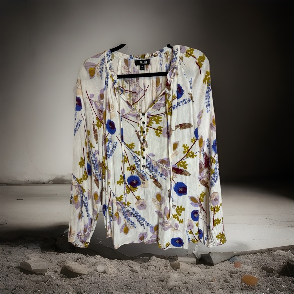 ANA Boho Floral Peasant Blouse Womens 3X Button Front Long Sleeve Top